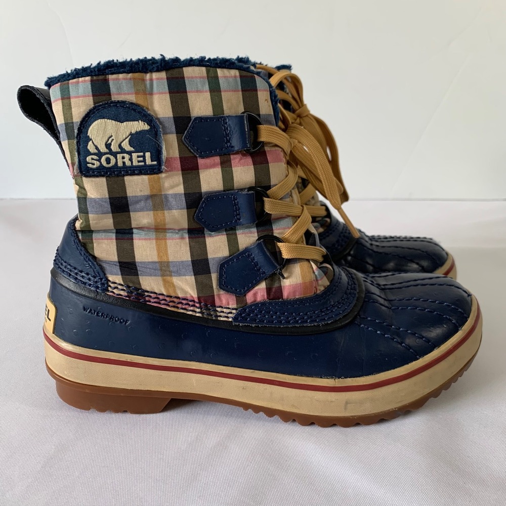 Sorel Winter Duck Boots Womens 6 Navy Blue Plaid Waterproof Insulated Gorpcore